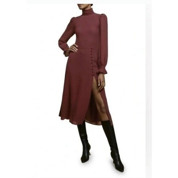 Reformation Maroon High Neck Stevi Valentin Victorian Dress Size 12 - Picture 1 of 8
